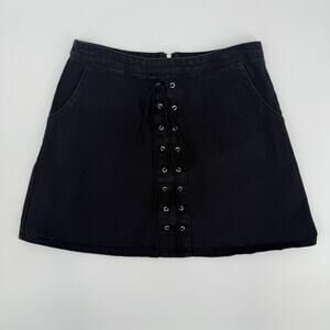 Vintage Y2K Black Denim Mini Skirt, Lace-Up, Grunge Goth Skater, 100% Cotton